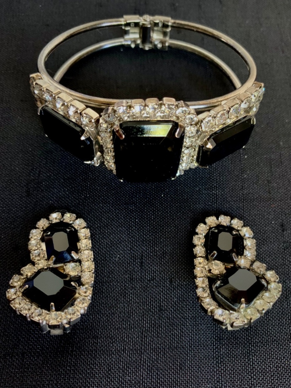 Vintage Black Rhinestone Hinged Bracelet & Clip Earrings Set